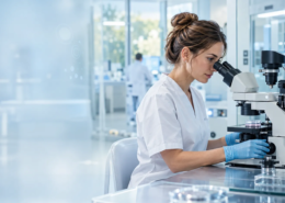 Embrióloga trabajando con un microscopio en un laboratorio de fertilidad moderno, rodeada de tecnología clínica y gráficos digitales de análisis de datos.