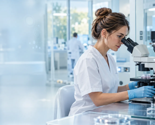 Embrióloga trabajando con un microscopio en un laboratorio de fertilidad moderno, rodeada de tecnología clínica y gráficos digitales de análisis de datos.