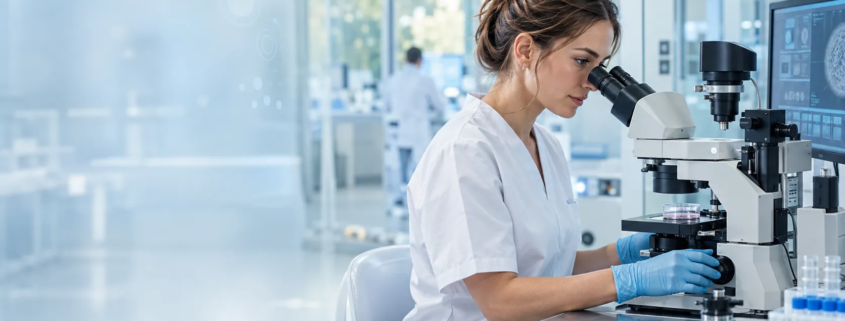 ABAMobile impulsa la innovación tecnológica aplicada a la reproducción asistida Embrióloga trabajando con un microscopio en un laboratorio de fertilidad moderno, rodeada de tecnología clínica y gráficos digitales de análisis de datos.